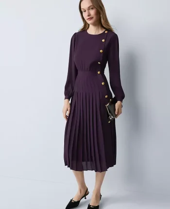 Ann Taylor Dresses|Pleated Button Flare Midi Dress Aubergine Dream