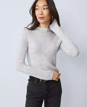 Ann Taylor Sweaters|All Sweaters|Pointelle Mock Neck Sweater Medium Light Heather Grey