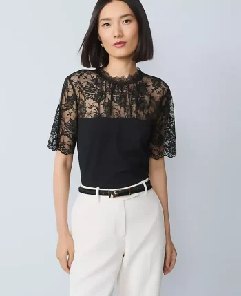 Ann Taylor Tops And Blouses|Ponte Lace Trim Top Black