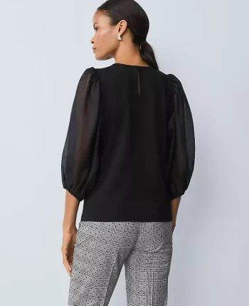 Ann Taylor Tops And Blouses|Puff Sleeve Mixed Media Top Black