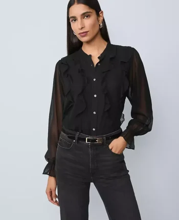 Ann Taylor Tops And Blouses|Ruffle Button Down Shirt Black