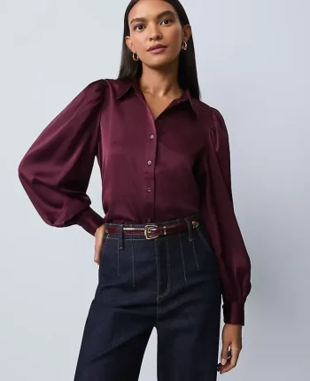 Ann Taylor Tops And Blouses|Satin Blouson Sleeve Blouse Poised Plum