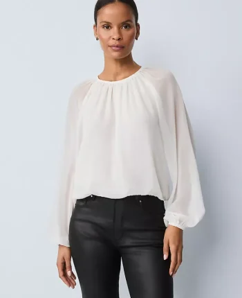 Ann Taylor Tops And Blouses|Shirred Crew Neck Blouse Winter White