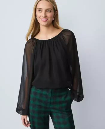 Ann Taylor Tops And Blouses|Shirred Crew Neck Blouse Black