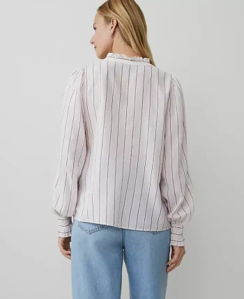 Ann Taylor Tops And Blouses|Striped Cutout Smocked Cuff Blouse Pink / Navy