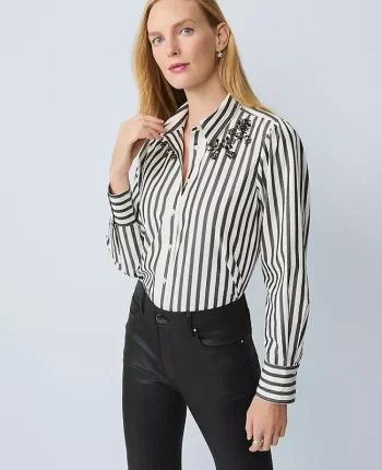 Ann Taylor Tops And Blouses|Striped Embellished Shirt Black