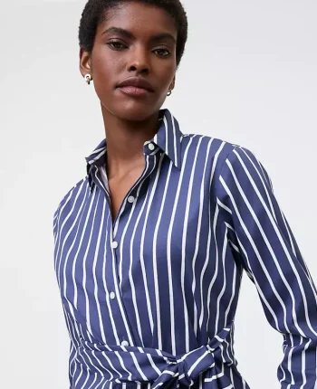 Ann Taylor Tops And Blouses|Striped Tie Waist Button Down Shirt Subdued Navy