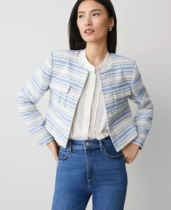 Ann Taylor Jackets And Blazers|Striped Tweed Cropped Jacket Light Blue/White Combo