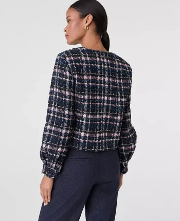 Ann Taylor Jackets And Blazers|The Crew Neck Jacket In Plaid Tweed Pink/Blue Plaid
