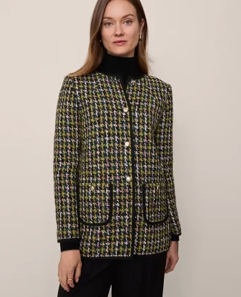 Ann Taylor Jackets And Blazers|The Long Crew Neck Jacket In Houndstooth Tweed Green/Navy Multi