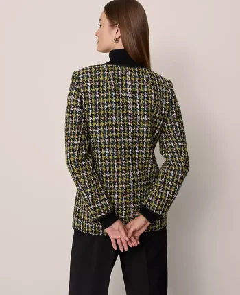 Ann Taylor Jackets And Blazers|The Long Crew Neck Jacket In Houndstooth Tweed Green/Navy Multi