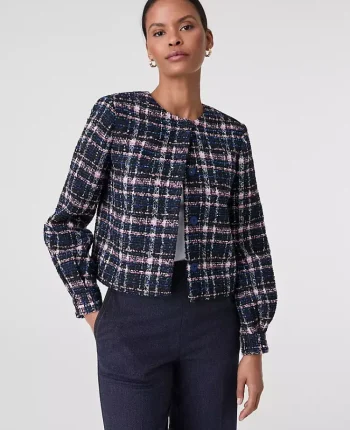 Ann Taylor Petite Jackets And Blazers|The Petite Crew Neck Jacket In Plaid Tweed Pink/Blue Plaid