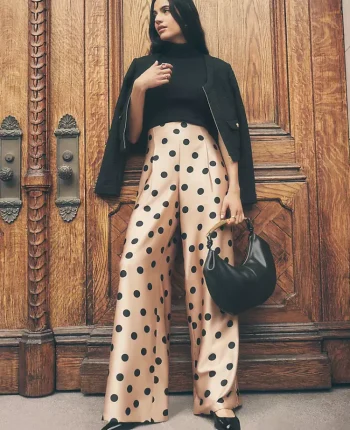 Ann Taylor Pants|Petite Pants|The Petite Dotted Dramatic Wide-Leg Satin Pant Cafe Au Lait