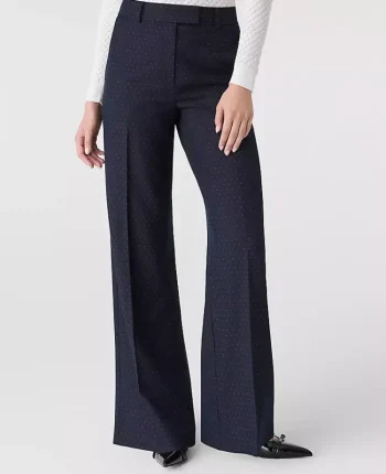 Ann Taylor Petite Pants|Petite Suits|The Petite Dotted Wide-Leg Flare Trouser Navy Woven Pin Dot