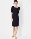 Ann Taylor Petite Dresses|Petite Suits|The Petite Elbow Sleeve Square Neck Dress In Seasonless Stretch Deep Navy Sky
