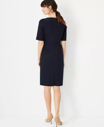 Ann Taylor Petite Dresses|Petite Suits|The Petite Elbow Sleeve Square Neck Dress In Seasonless Stretch Deep Navy Sky