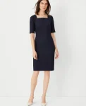 Ann Taylor Petite Dresses|Petite Suits|The Petite Elbow Sleeve Square Neck Dress In Seasonless Stretch - Curvy Fit Deep Navy Sky