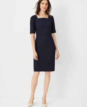 Ann Taylor Petite Dresses|Petite Suits|The Petite Elbow Sleeve Square Neck Dress In Seasonless Stretch - Curvy Fit Deep Navy Sky