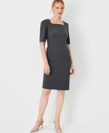 Ann Taylor Petite Dresses|Petite Suits|The Petite Elbow Sleeve Square Neck Dress In Seasonless Stretch Modern Charcoal