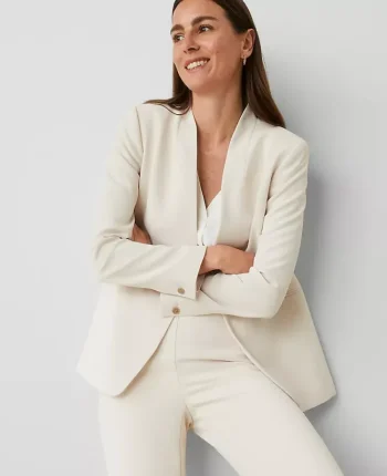 Ann Taylor Petite Jackets And Blazers|Petite Suits|The Petite Long Collarless Blazer In Fluid Crepe Ivory Whisper