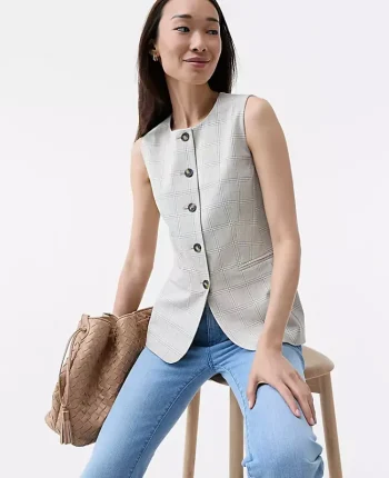 Ann Taylor Petite Jackets And Blazers|Petite Suits|The Petite Long Crew Neck Vest In Plaid Tan/Blue Combo