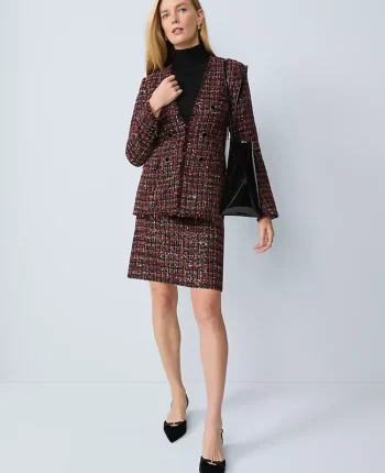 Ann Taylor Petite Jackets And Blazers|The Petite Long V-Neck Sequin Tweed Jacket Red/Black Multi