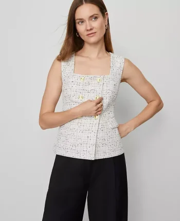 Ann Taylor Jackets And Blazers|Tweed Square Neck Vest Charcoal/White Combo