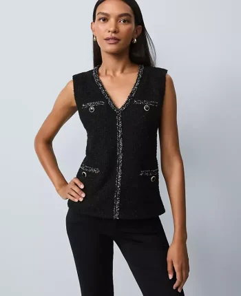 Ann Taylor Tops And Blouses|Tweed Trim Sleeveless Top Black