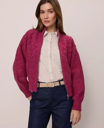 Ann Taylor Sweaters|All Sweaters|Weekend Collection Cable Bomber Sweater Jacket Strawberry Shortcake
