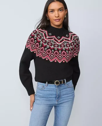 Ann Taylor Sweaters|All Sweaters|Weekend Collection Fair Isle Mock Neck Sweater Black