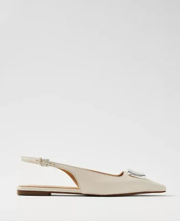 Ann Taylor Weekend Shoes|Weekend Shoes|Weekend Collection Hardware Embellished Leather Slingback Flat Cream Beige
