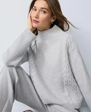 Ann Taylor Pullover Sweaters|Weekend Sweaters|Weekend Collection Mixed Cable Sweater Medium Light Heather Grey