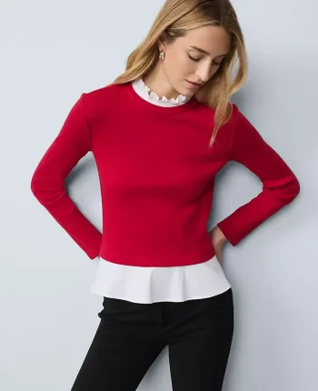 Ann Taylor Tops And Blouses|Weekend Collection Ruffle Mix Media Top Jewel Red