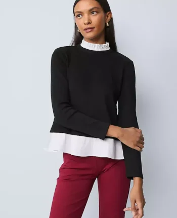 Ann Taylor Tops And Blouses|Weekend Tops|Weekend Collection Ruffle Mix Media Top Black